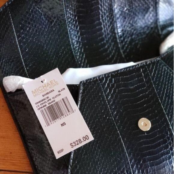 Michael Kors Snakeskin Leather Envelope Clutch Shoulder Crossbody Handbag Black - Picture 5 of 8